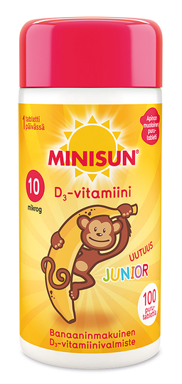 Minisun D-Vitamiini 10 mikrog Junior Apina 100 purutabl banaani
