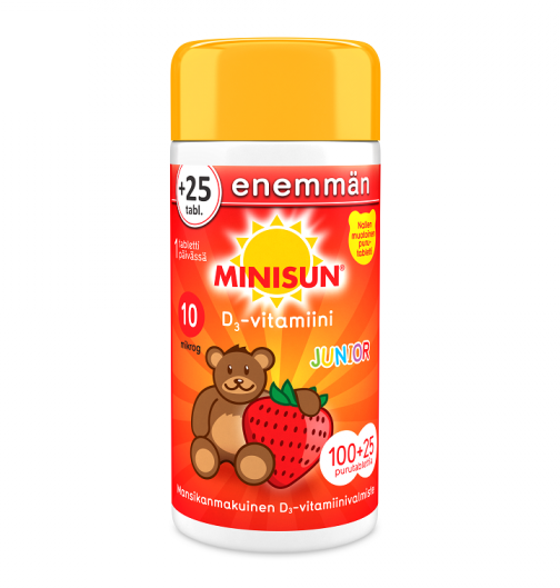 Minisun D-Vitamiini 10 mikrog Junior Nalle 125 purutabl mansikka 100+25