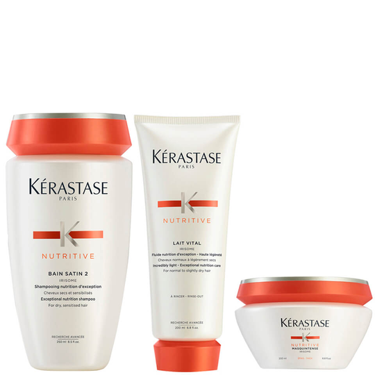 Kérastase Nutritive -setti: Bain Satin 2 -shampoo 250ml, Lait Vital -hoitoaine ja Masquintense Cheveux Epais -hiusnaamio 200ml