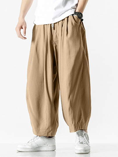 Män Retro Casual Wide Leg Bomull Linne Lös Yoga Byxor