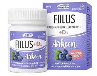 Fiilus Arkeen + d3 mustikka 30 purutabl